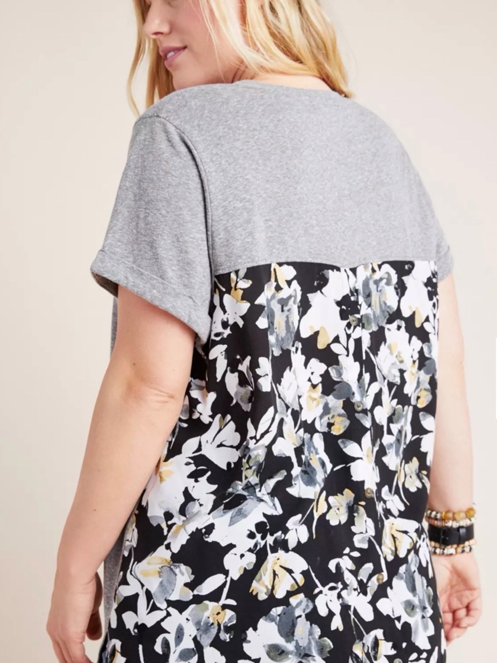 ANTHROPOLOGIE T.La HEATHER GRAY FLORAL SHORT SLEEVE DOROTHEA TUNIC TOP Sz XS